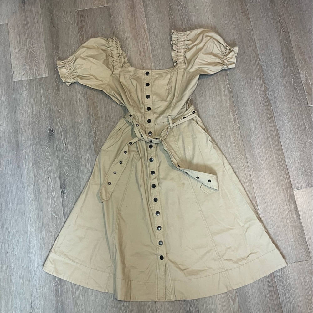 Puff Sleeve Snap Button Canvas Dress